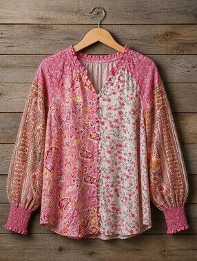 Women's Pink Patchwork V-Neck Blouse - Brand